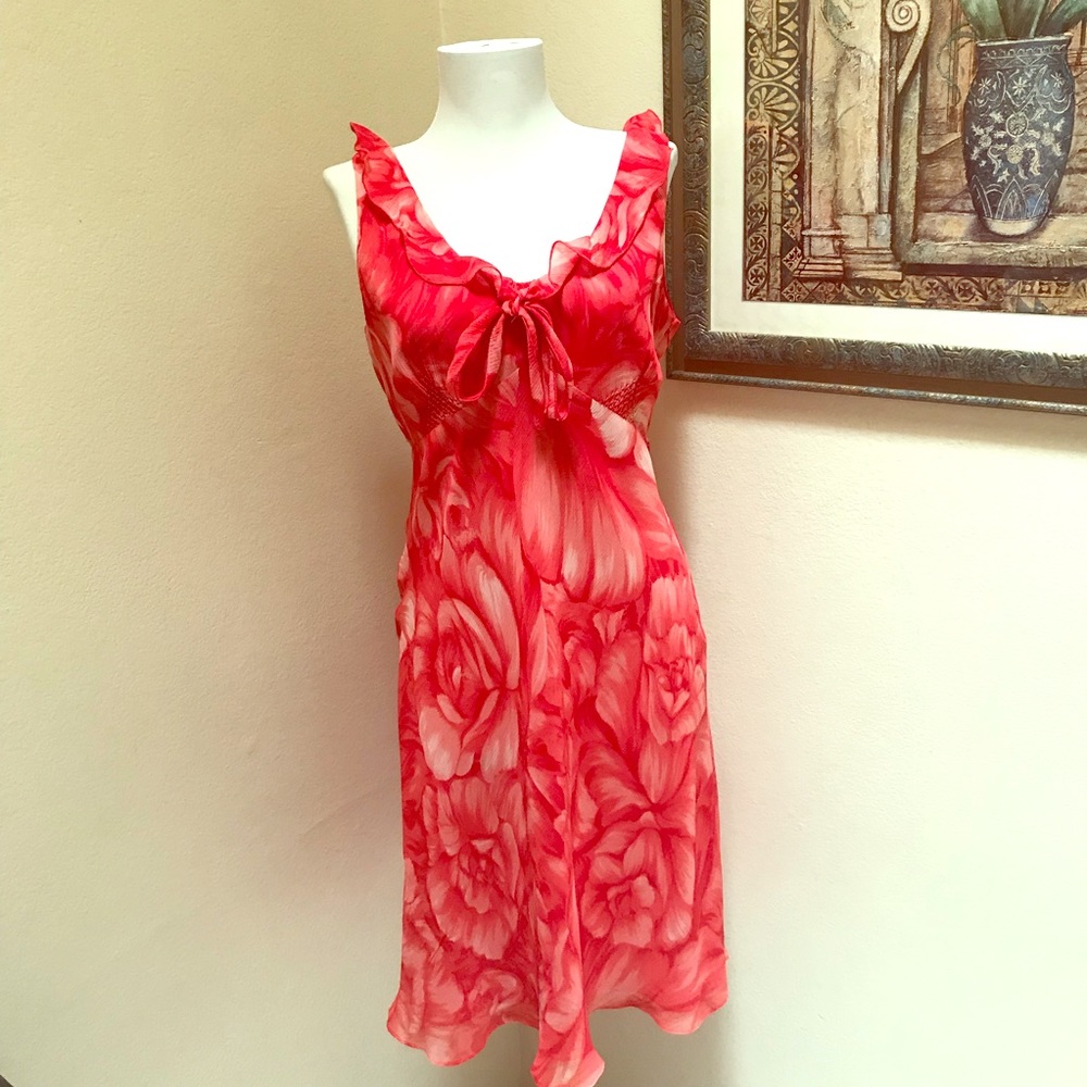 Ann Taylor Red Floral Casual Silk Dress Size 6